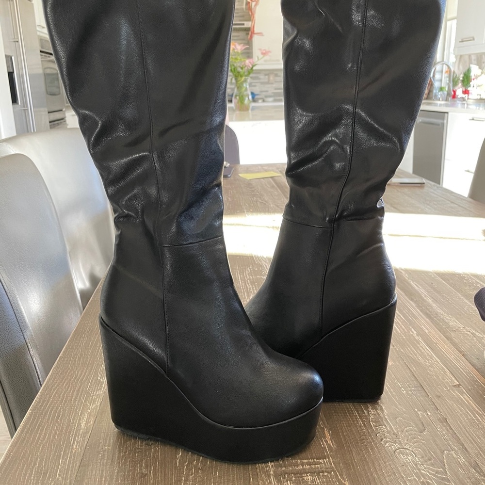 SHEIN minimalist wedge platform knee leather boots